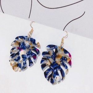 Blue abstract monstera palm leaf dangle earrings